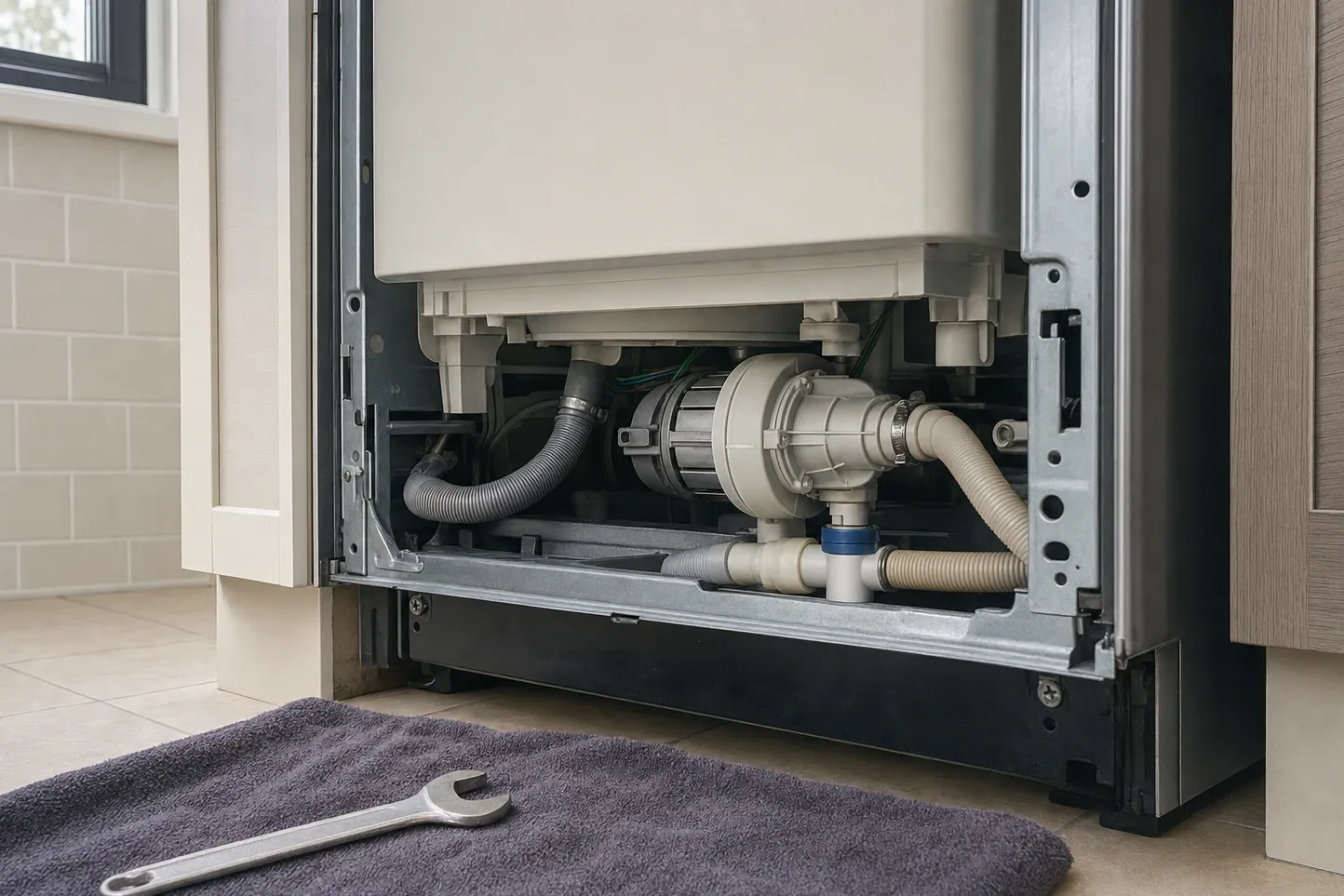 Dishwasher in a cabinet run with the lower access panel removed, drain pump, motor and corrugated hoses exposed, wrench on the tile