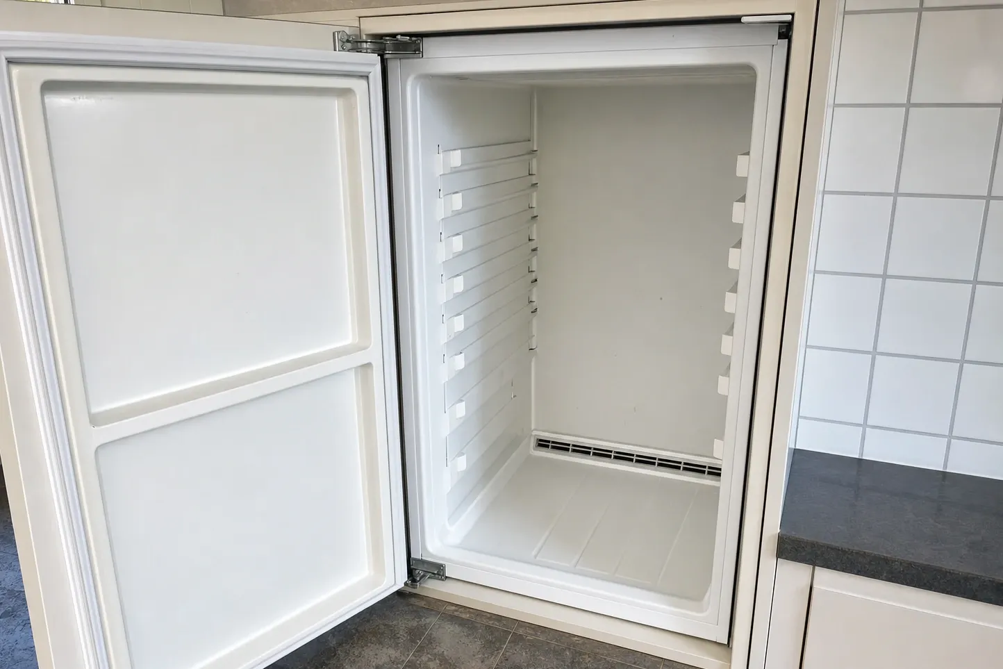 Empty white refrigerator cabinet with the door swung wide, shelf runners on both walls and an air grille at the base of the rear wall
