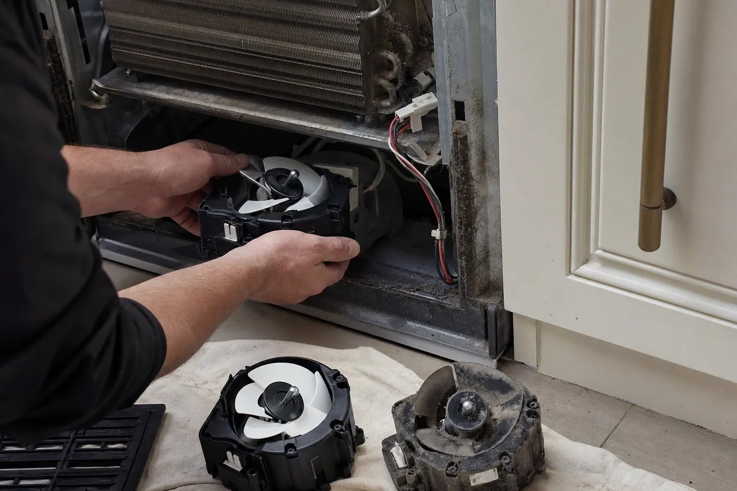 Hands offering a replacement condenser fan up into the base compartment of a built-in refrigerator, the old fan on a cloth alongside