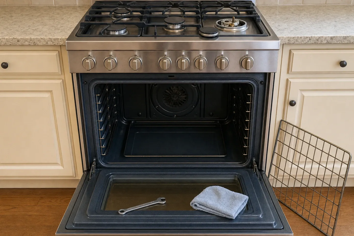 Oven door of a stainless range lowered on an empty cavity, the round convection fan cover on the rear wall, racks out