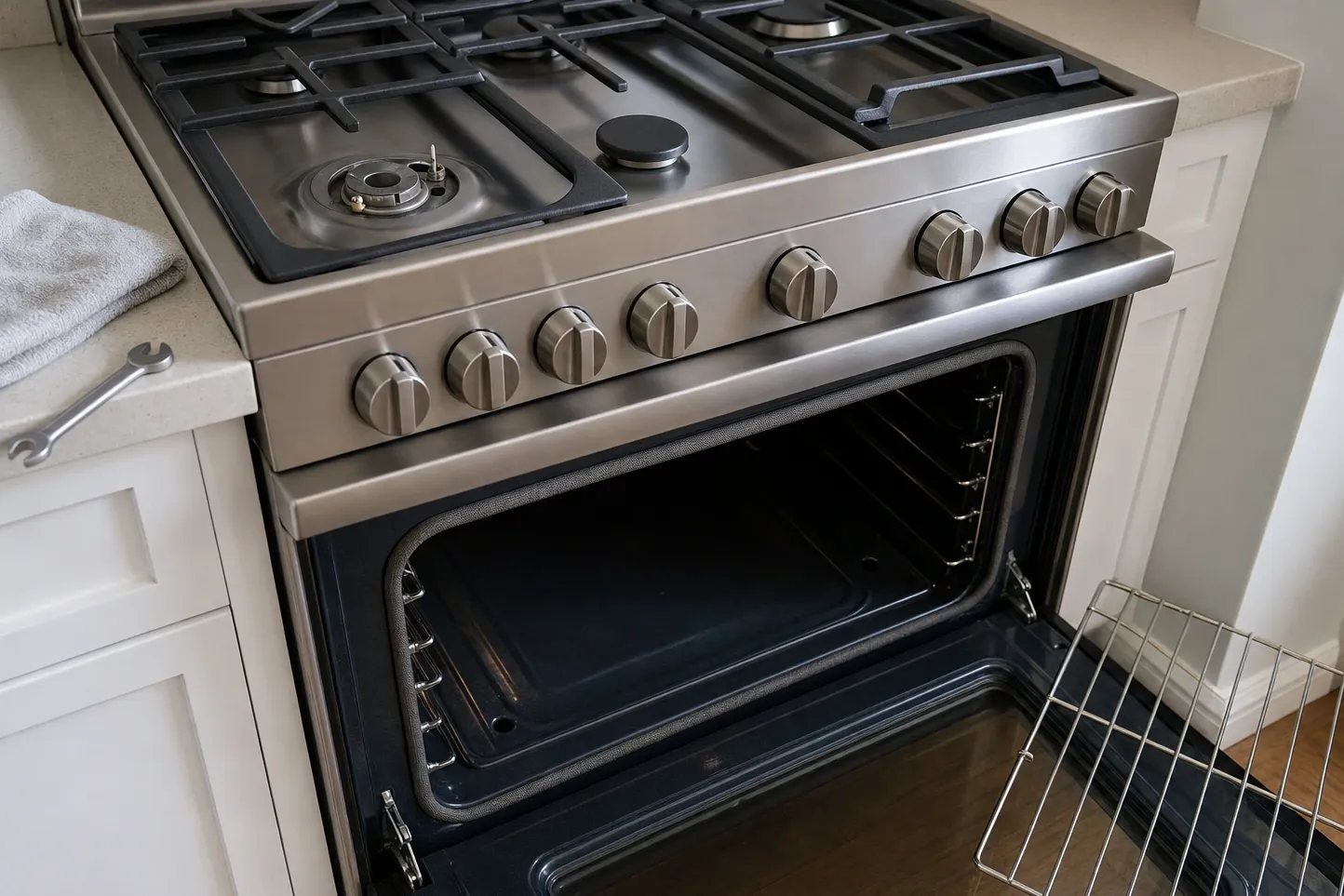 Front burner of a stainless gas range stripped down, grate lifted and cap off, the burner head and spark electrode exposed