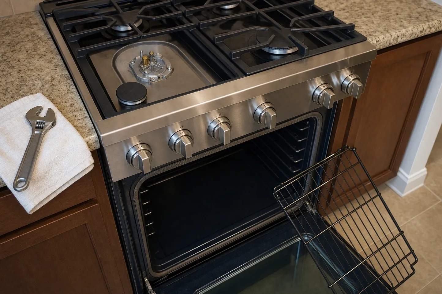 Cooktop of a stainless range seen from above in dark cabinets, the front burner uncapped to its base and its cap set aside, an adjustable wrench on a towel on the granite