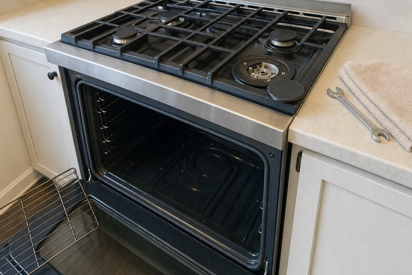 Stainless range in white cabinetry on a dark wood floor, the right burner open to its base, the oven door down on an empty cavity and a wrench folded into a towel