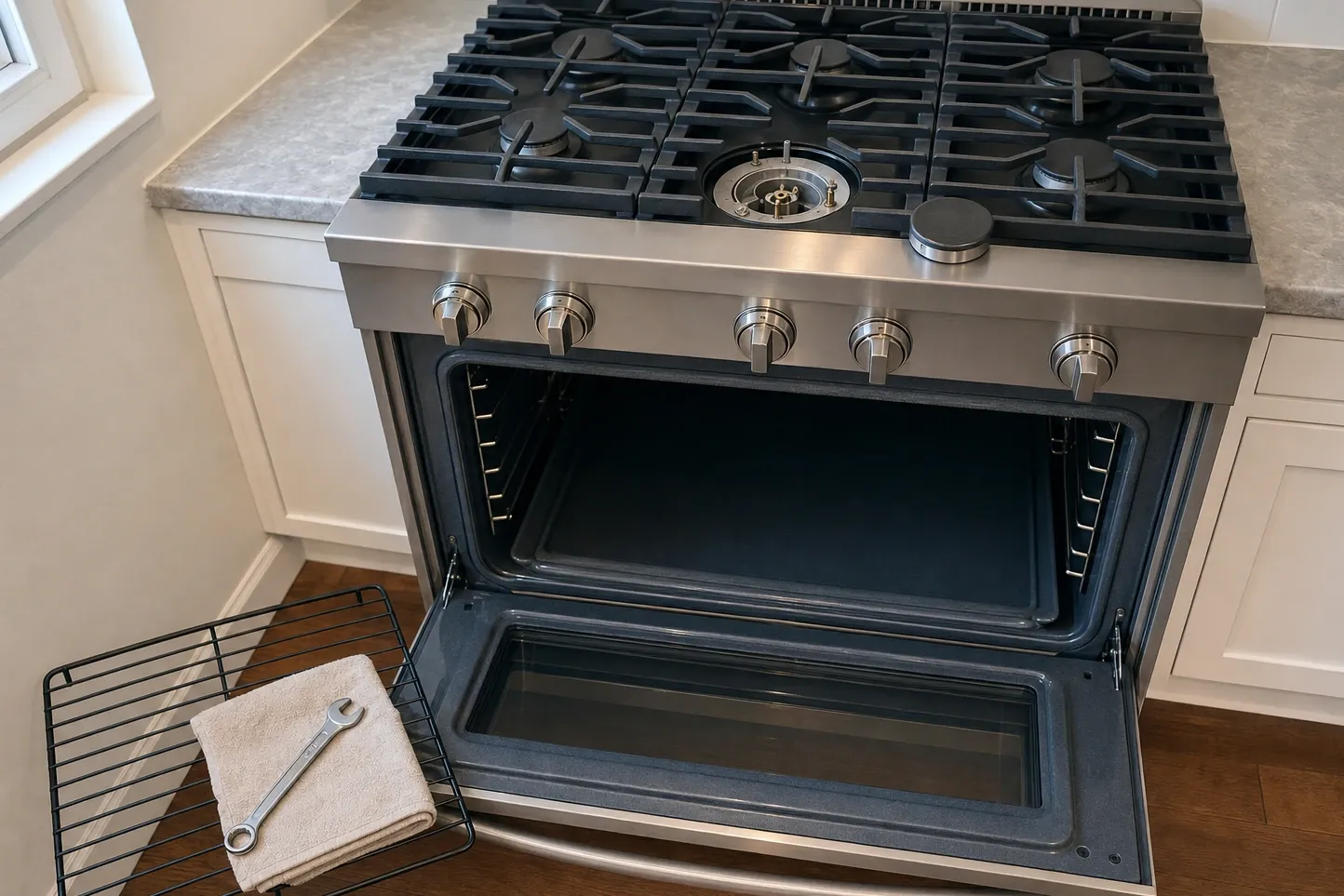 Wide stainless six-burner range with the centre burner stripped to its base, the oven door lowered on a full-width cavity and the rack on the floor