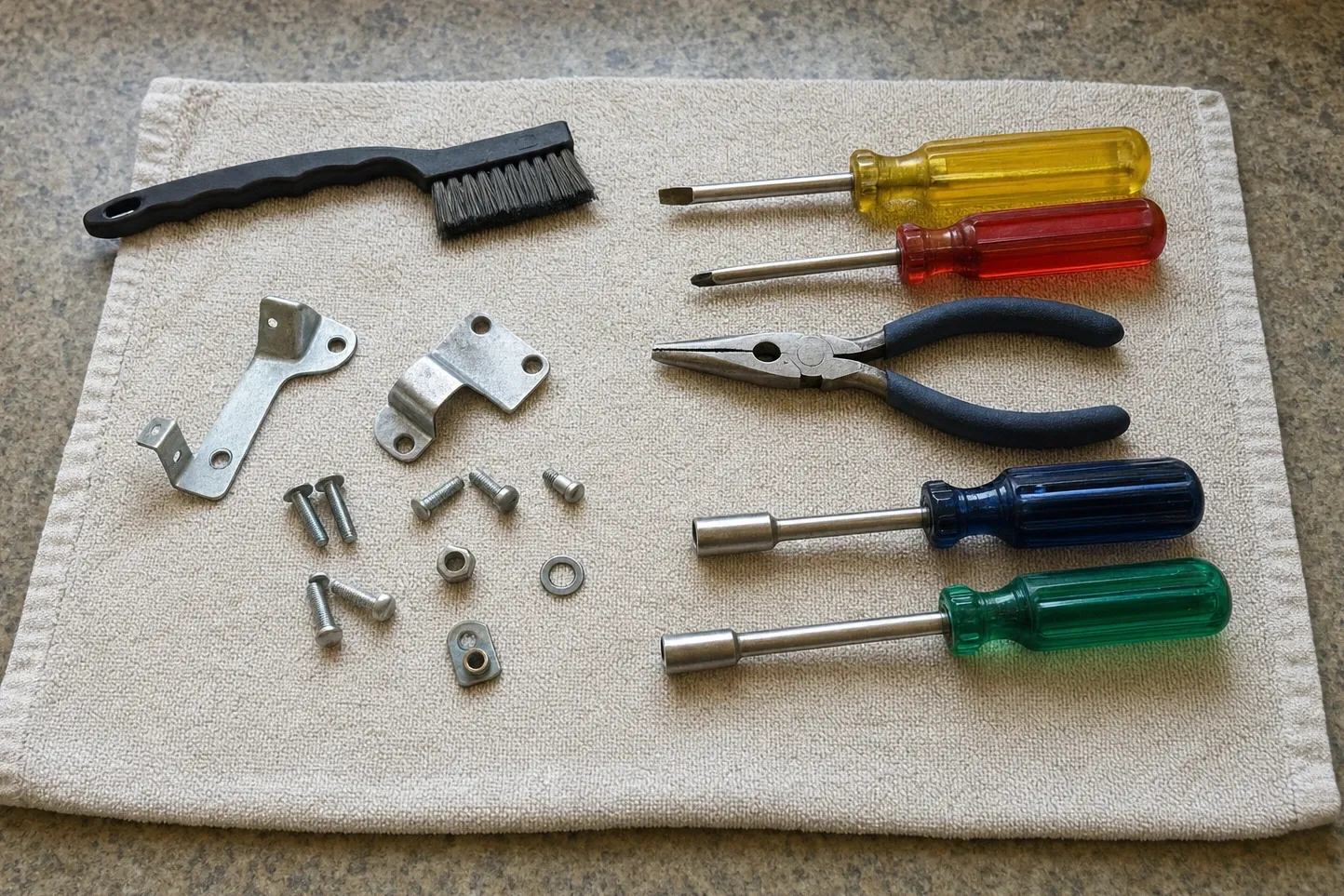 Two formed steel hinge brackets with bolts, nuts and a washer on a cream towel beside a wire brush, long-nose pliers and four coloured drivers